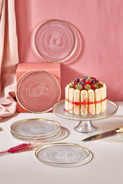 Hermia Serenity Juego de Platos para Postre y Soporte para Pastel Transparente con Borde Dorado